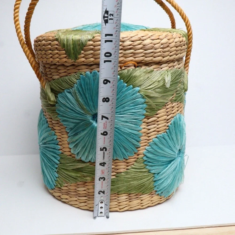 VTG Handmade Straw Raffia Woven Basket with Handle & Lid‎ Floral Boho MCM